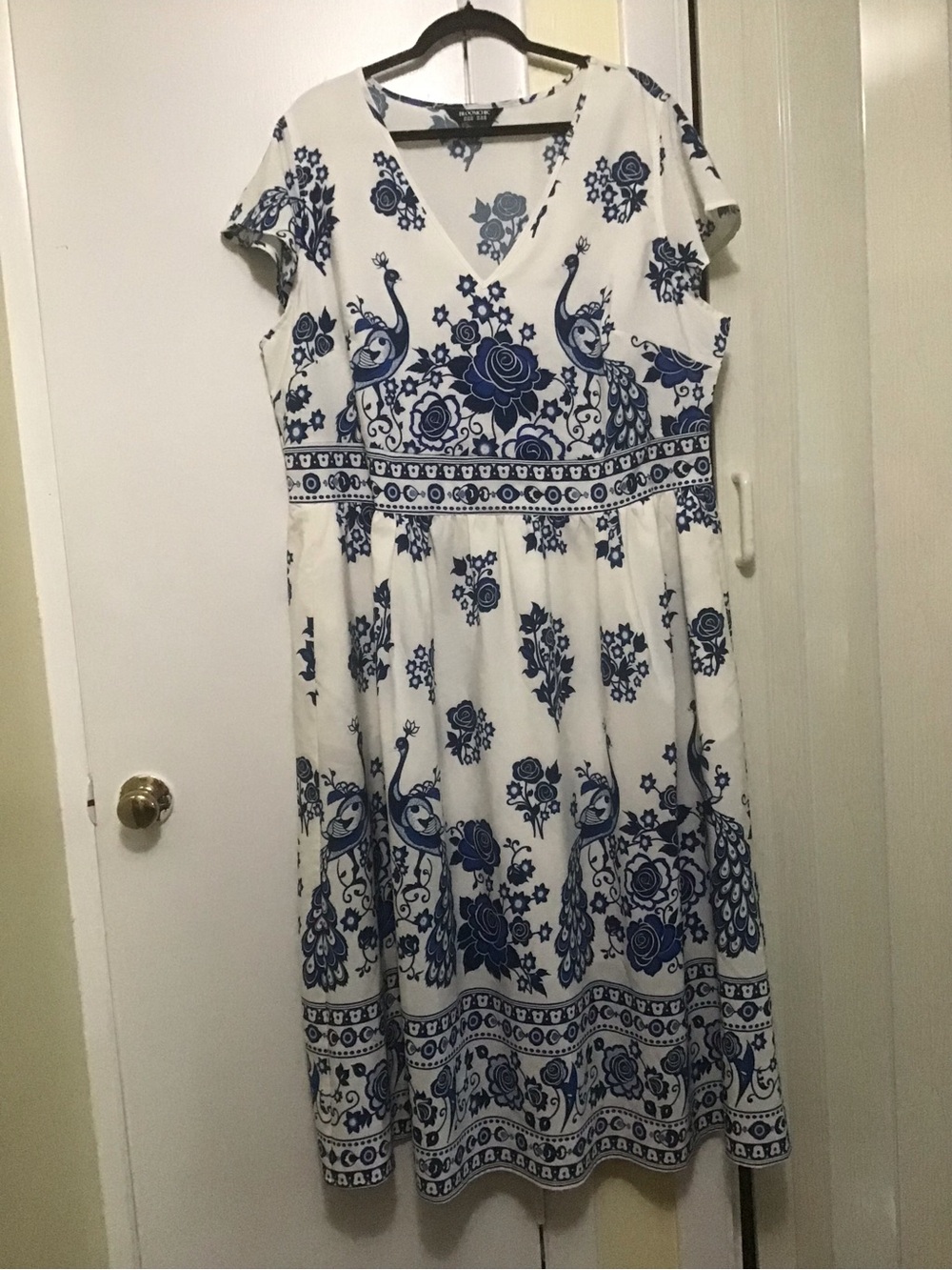 BloomChic White Maxi Dress with Blue Floral & Peacock Print